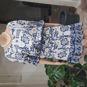 Boston Proper Xs toil pattern vintage design ruffle half sleeve smock drop waist